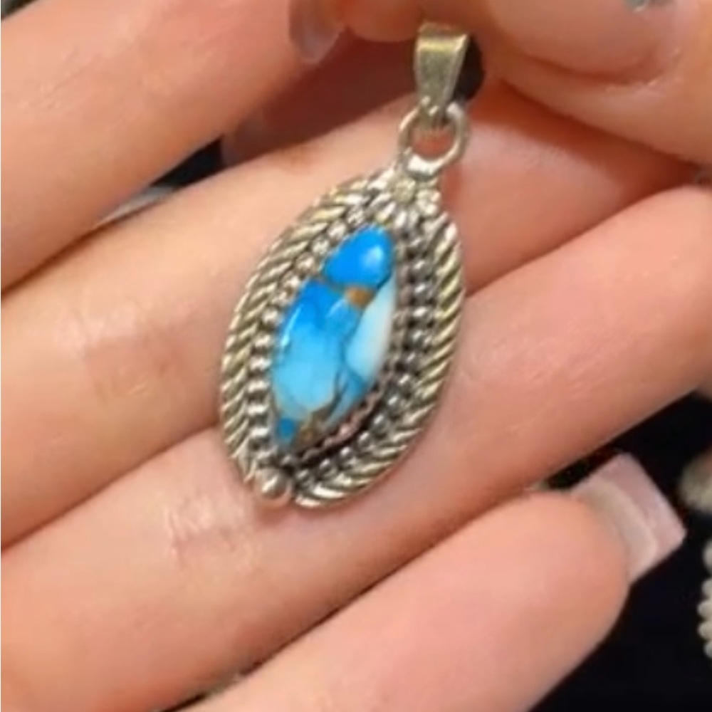 Native American Sterling Silver Marquise Turquoise Decorated Pendant